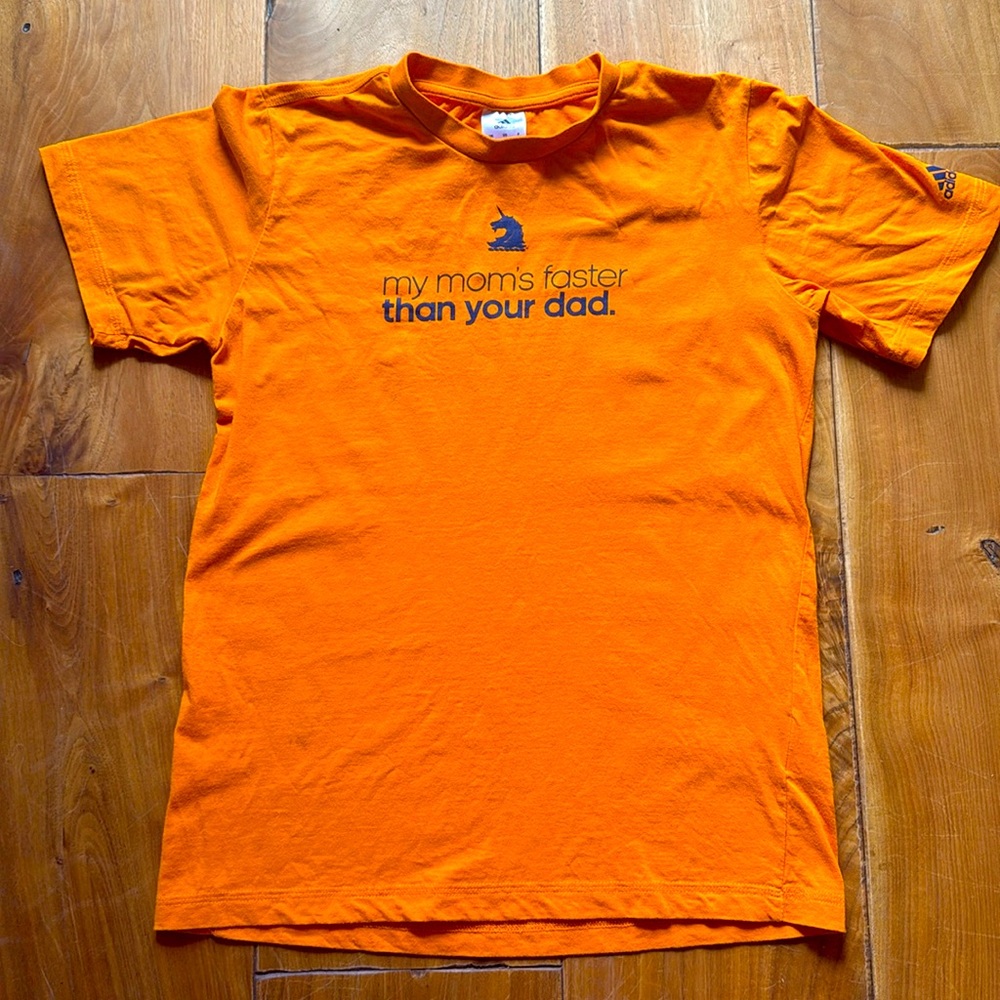 BOSTON MARATHON adidas kids large orange T-shirt my mom’s faster than your dad